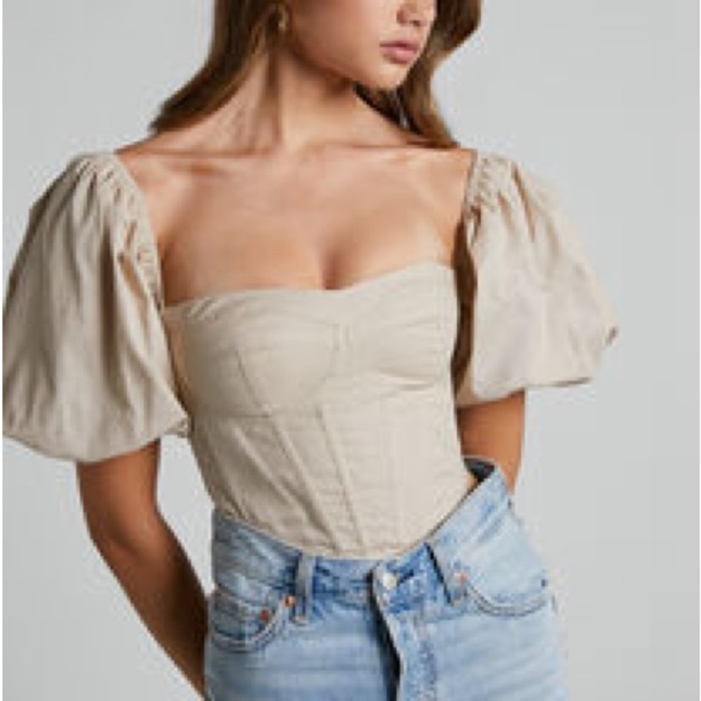 NWT Showpo Estella Top Puff Sleeve Corset Bustier Top in Sand